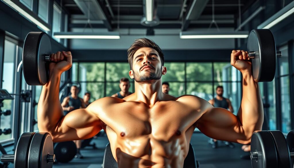 A well-lit, modern gymnasium interior with sleek exercise equipment and free weights. In the foreground, a fit, shirtless man performing a bench press, his muscular physique accentuated by dramatic lighting. In the middle ground, several other men of diverse builds engaged in various strength training exercises, their intense expressions conveying focus and determination. The background features expansive floor-to-ceiling windows, allowing natural light to flood the space and creating an invigorating, energetic atmosphere. The scene evokes a sense of active, goal-oriented wellness, highlighting the fundamentals of an effective men's health and fitness regimen.