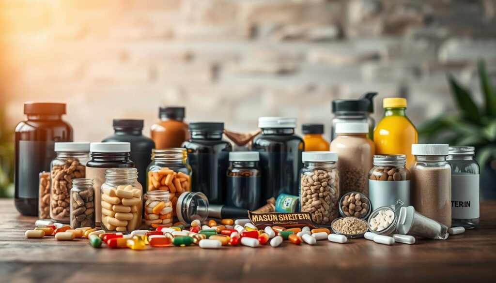 A well-lit still life scene of an assortment of men's health supplements arranged on a wooden table. In the foreground, a variety of capsules, tablets, and powders in glass jars and bottles. In the middle ground, a selection of protein bars and shaker bottles. In the background, a soft-focus bokeh effect highlighting the natural textures and warm tones of the setting. The overall mood is one of health, vitality, and optimized male performance.