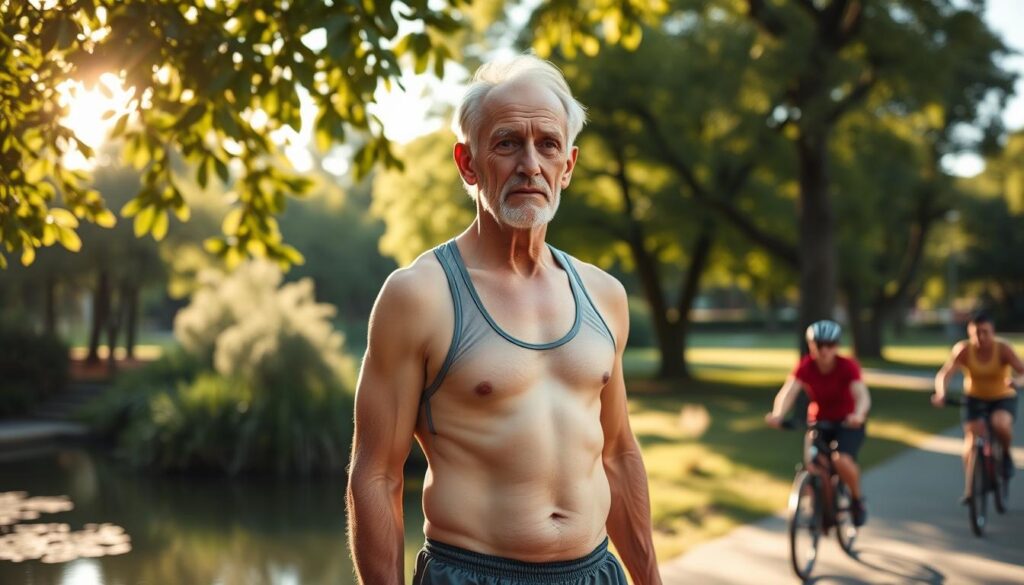 An elderly man with a fit, active physique stands tall and confident, clad in lightweight athletic wear. The warm sunlight filters through the leaves of a lush, verdant park, casting a gentle glow on his weathered yet determined face. His posture is upright, muscles toned, a sense of vitality and resilience radiating from his form. In the background, a tranquil pond reflects the surrounding greenery, while joggers and cyclists pass by, inspiring a feeling of community and shared wellness. The scene conveys the power of regular exercise and a healthy lifestyle to maintain physical fitness and a youthful spirit, even in the later years of life.